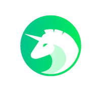 a green and white unicorn logo on a black background